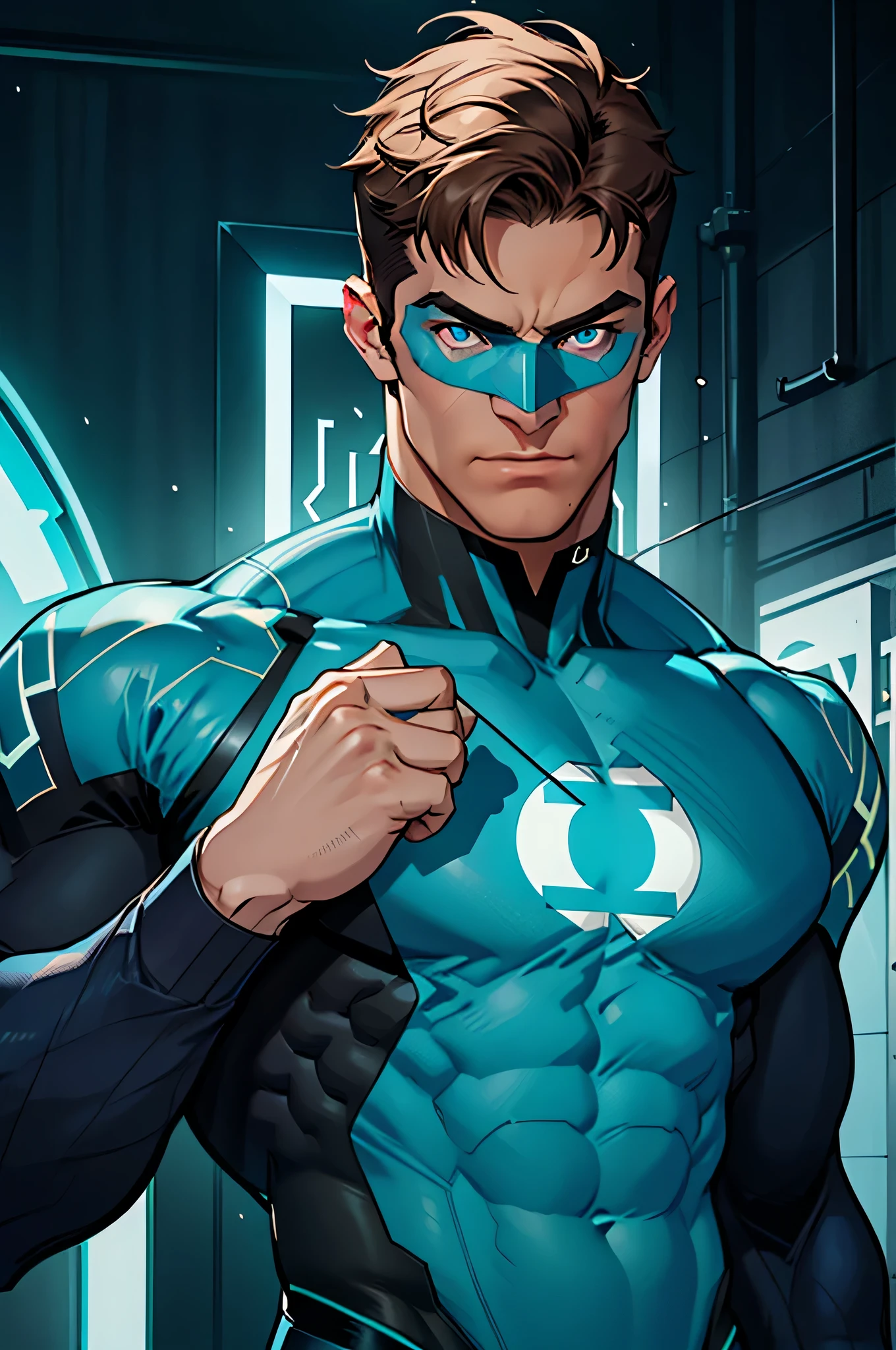 Blue Lantern, Hal Jordan, upper body shot, face of a 30s, tall, hunk, lean muscle, short hazel hair, all neon cyan blue and black suit, light neon blue lantern logo on the chest, best quality, masterpiece, high resolution, blue ring on his right middle finger, dark blue eyes mask, straight face, detailed face, detailed suit