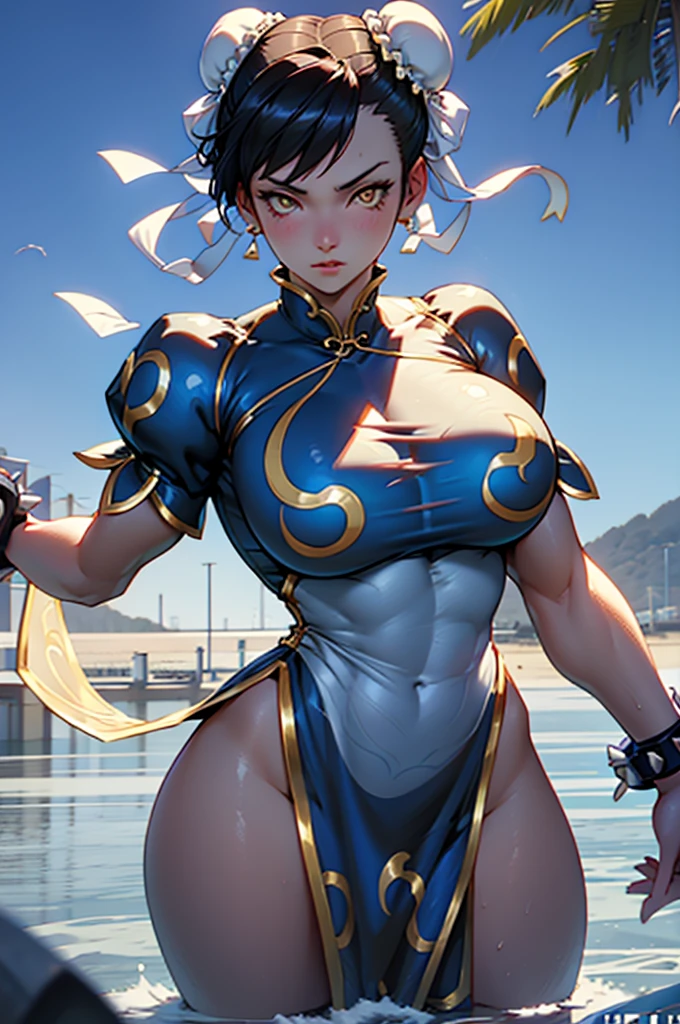 1chun li girl, black hair, yellow eyes, very long hair, pale skin, curvy, (extremely muscular), perky breasts, frozen lake