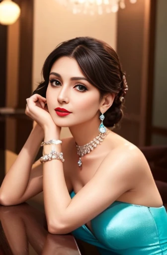 Lebanese woman, diamond dangling earrings, necklace, bracelets, small breasts, 40 years old, smokey eyes, cleavages, red lips, innocent face, cyan fashion strapless ball gown, stylish hairstyle, posing, modeling, off-shoulder