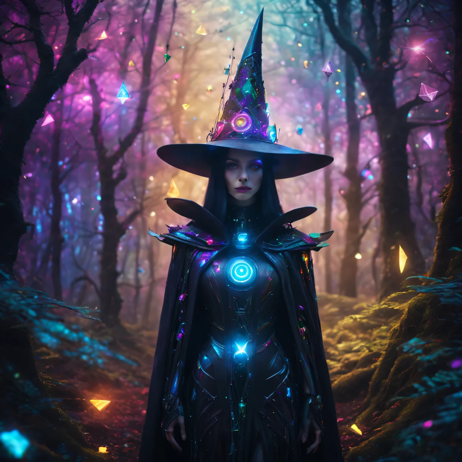 Futuristic robot witch in the enchanted forest、witch hat、cybernetic enhancement、Mechanical edge structure、cloak,upper body portrait,Create a mysterious and charming atmosphere,Glittering symbols and runes、Sparkling magic gemstones、Rainbow palette,(best quality,4K,masterpiece:1.2)、Vivid and saturated colors、Soft ambient lighting