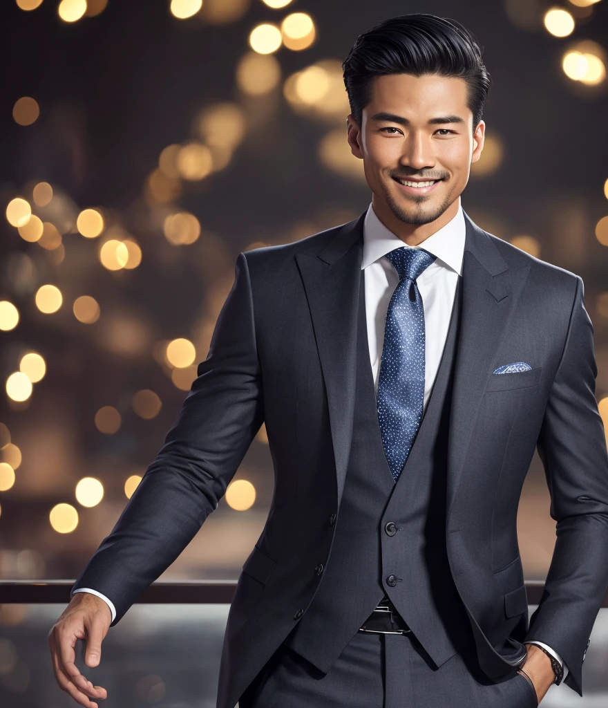 (8K Ultra HD, Ultra Detailed: 1.5): Visualize a sophisticated and distinguished Asian gentlemen, immaculately dressed in stylish business attire. His outfit, a sharp suit paired with a crisp black shirt and a tasteful tie, speaks of elegance and professionalism. His hair neatly styled and he sports a well-groomed beard. He stands confidently against a transparent or single-colored background, emanating positivity. His posture radiates self-assuredness, while his face adorned with a warm, engaging smile. This high-resolution image should capture the man's distinguished appearance, charismatic presence, and the unmistakable sparkle of happiness in his eyes.