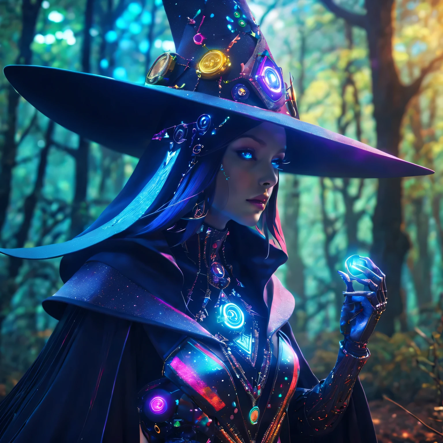 Futuristic robot witch in the enchanted forest、witch hat、cybernetic enhancement、Mechanical edge structure、cloak,upper body portrait,Create a mysterious and charming atmosphere,Glittering symbols and runes、Sparkling magic gemstones、Rainbow palette,(best quality,4K,masterpiece:1.2)、Vivid and saturated colors、Soft ambient lighting