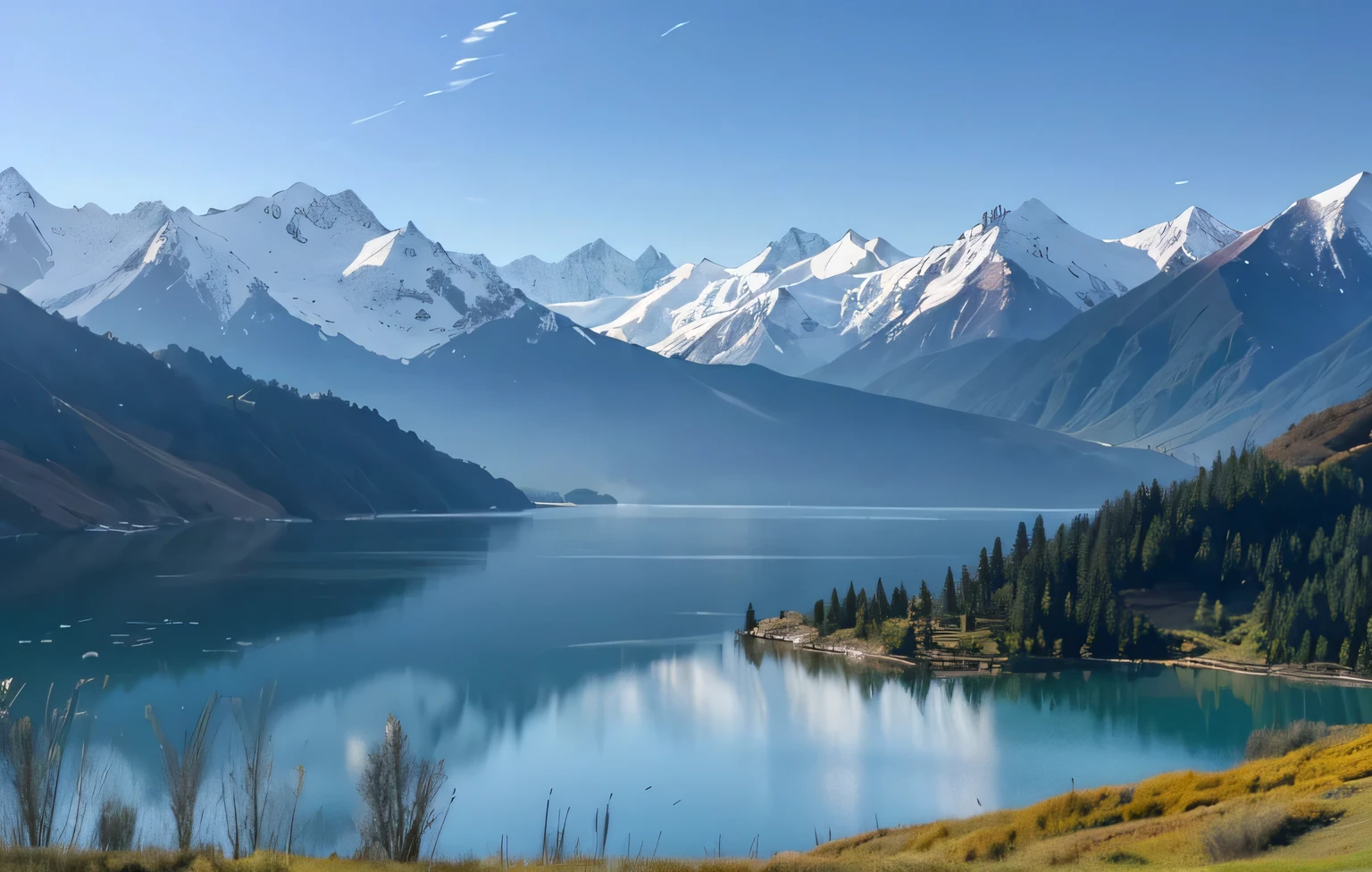 I hope to use AI to generate design drawings。The scene beside Tianchi in Tianshan Mountain, Xinjiang,I want a stage,The stage made of mirrors,Design similar to Yunnan Sky Mirror。I hope the stage can blend into the natural environment,Reflecting the beauty of Tianshan Tianchi。I want the reflective effect of a mirror,Ability to display lake and sky reflections。The shape and size of the stage can be adjusted according to actual needs,Ensure it blends in with its surroundings。Thanks