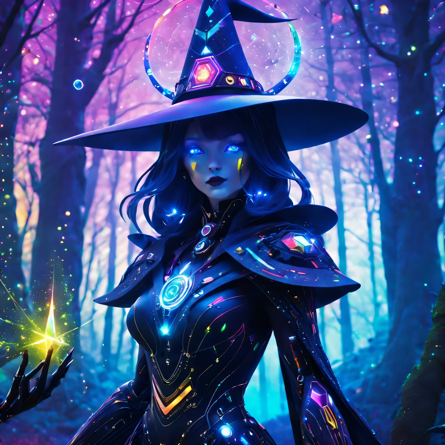 Futuristic robot witch in the enchanted forest、(witch hat)、cybernetic enhancement、(Mechanical edge structure、cloak，Create a mysterious and charming atmosphere，Glittering symbols and runes、Sparkling magic gemstones、Rainbow palette，（best quality，4K，8k，masterpiece：1.2），Super detailed，（lifelike，照片lifelike，The photos are real：1.37），human development report，ultra high definition，studio lighting，Super beautiful paintings，clear focus，Physically based rendering，extremely detailed description，main，bright colors