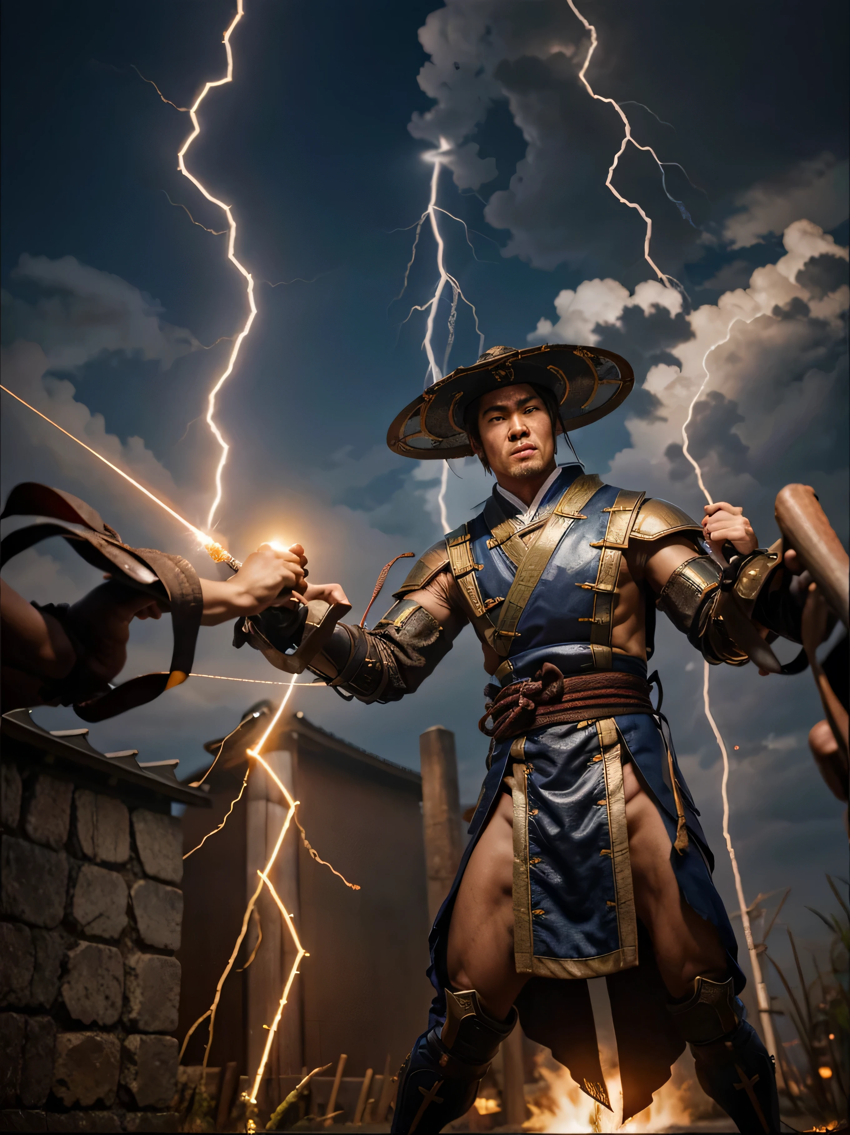 Lightning coming out of the hands, from the character's arms, Lightning in the hands, japan background scenery, feudal japan, lightning coming out of the character's hands, Details of Japan, pegando fogo, Raiden Mortal Kombat, character Raiden from mortal kombat.