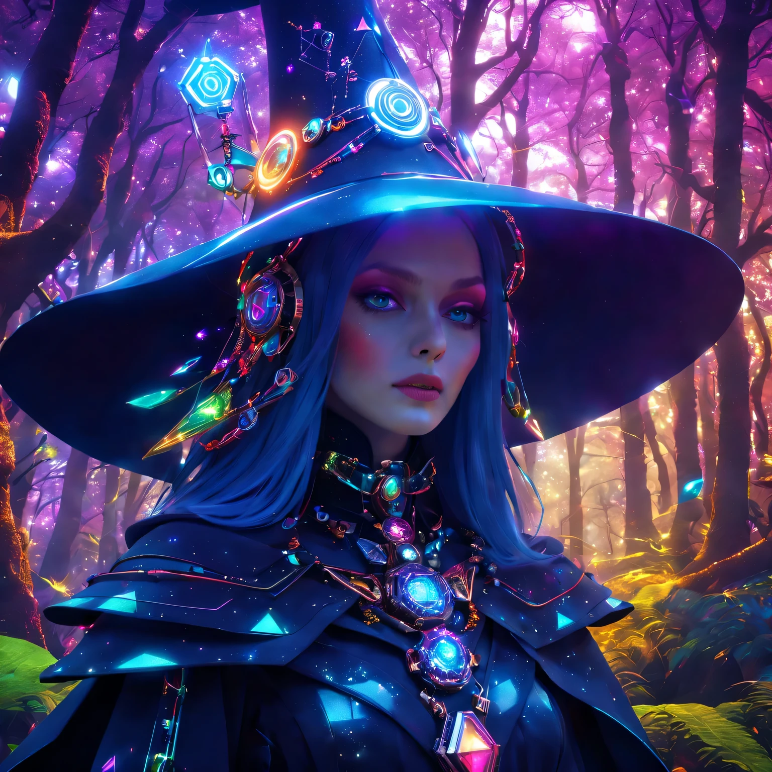 Futuristic robot witch in the enchanted forest、witch hat、cybernetic enhancement、Mechanical edge structure、cloak,upper body portrait,Create a mysterious and charming atmosphere,Glittering symbols and runes、Sparkling magic gemstones、Rainbow palette,(best quality,4K,masterpiece:1.2)、Vivid and saturated colors、Soft ambient lighting