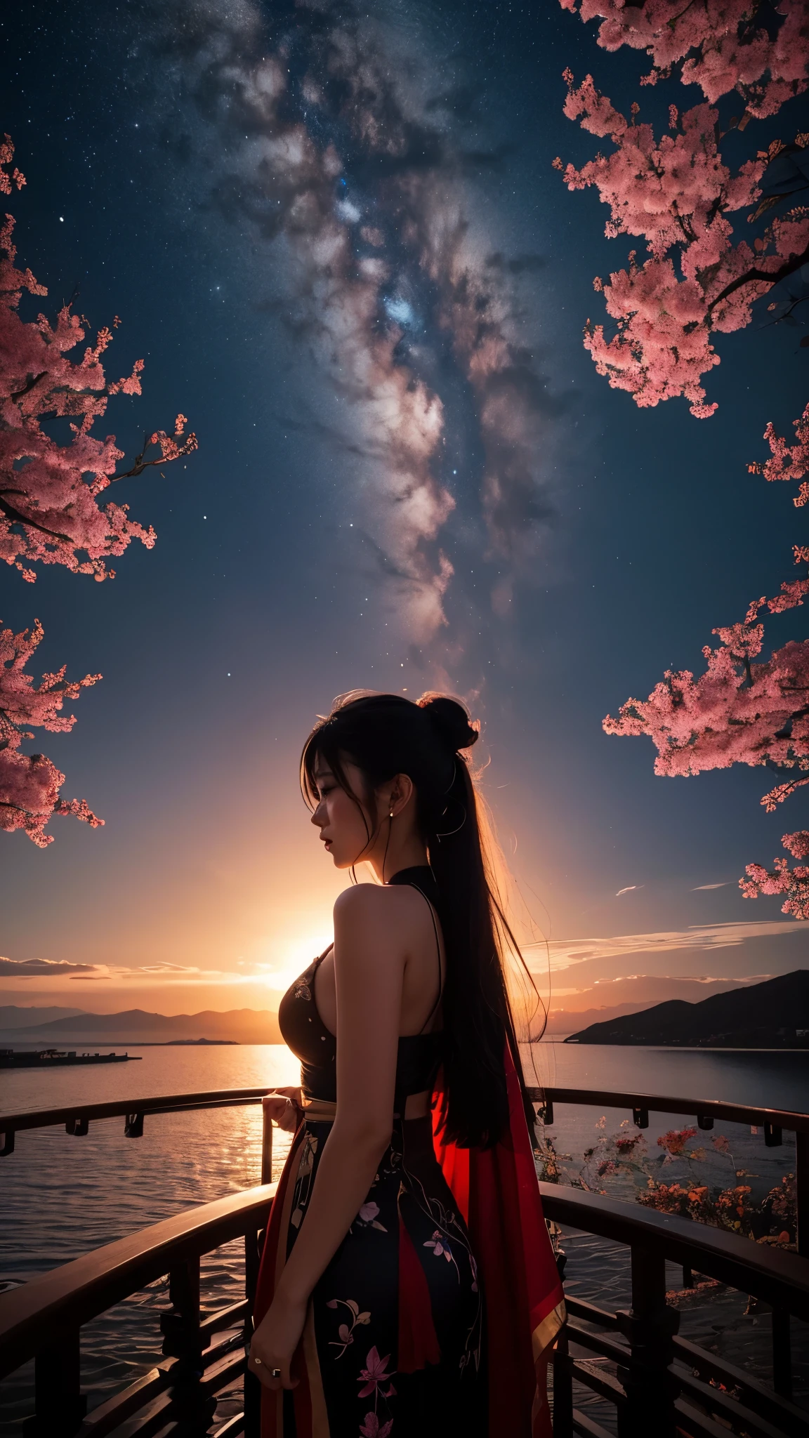 (Ultra Long Exposure Photography) High quality, highly detailed, colorful silhouette of an Chinese beautiful woman, adorned with vibrant hues, captivating contours. In the background, there are variable elements like a celestial sakura, leafs, runes, and more. with meticulous attention to detail