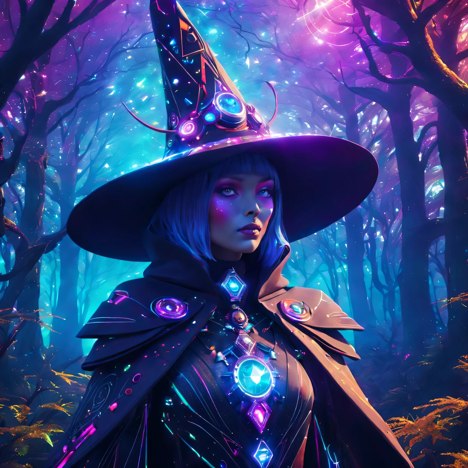 Futuristic robot witch in the enchanted forest、witch hat、cybernetic enhancement、Mechanical edge structure、cloak,upper body portrait,Create a mysterious and charming atmosphere,Glittering symbols and runes、Sparkling magic gemstones、Rainbow palette,(best quality,4K,masterpiece:1.2)、Vivid and saturated colors、Soft ambient lighting
