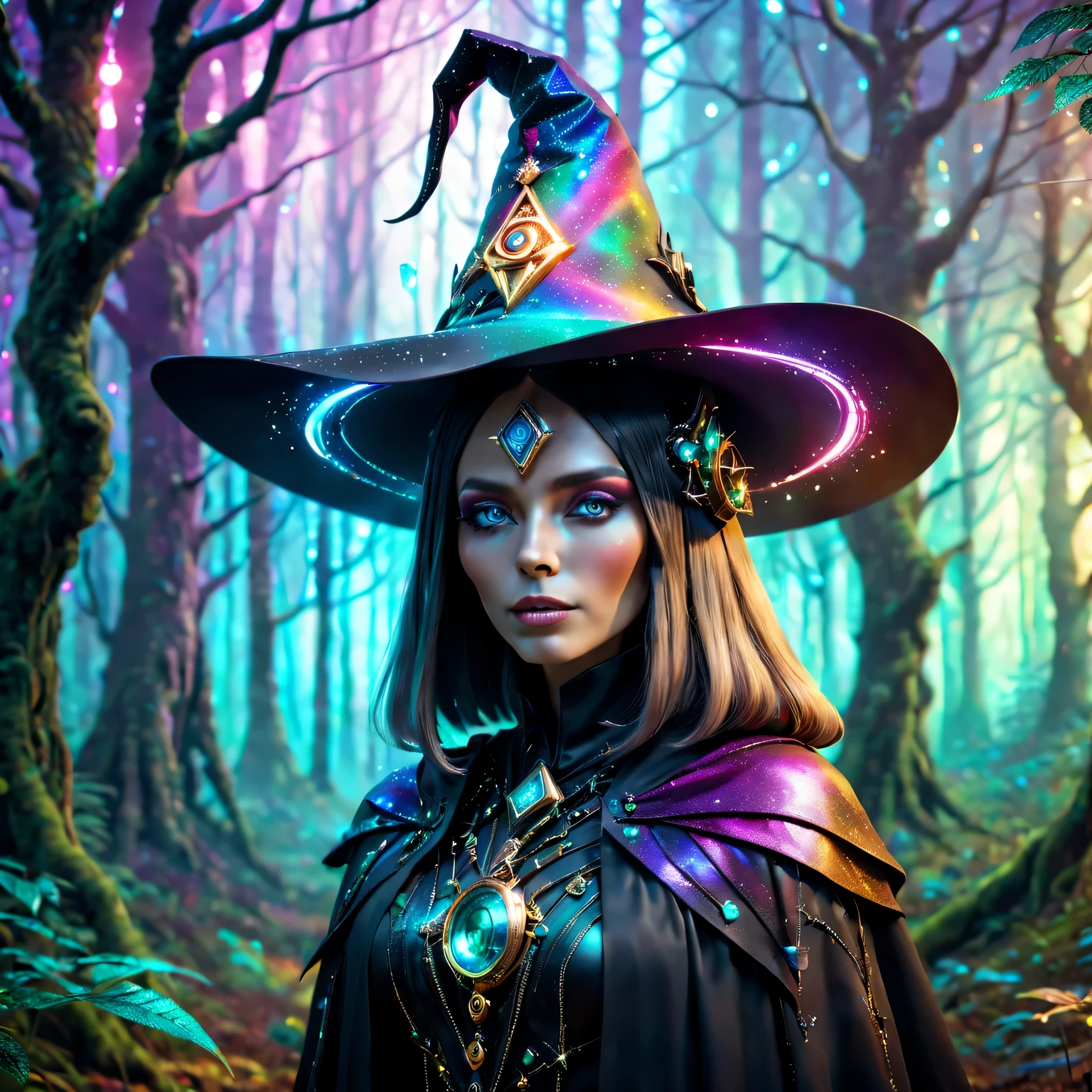 Futuristic robot witch in the enchanted forest、witch hat、cybernetic enhancement、Mechanical edge structure、cloak，upper body portrait，Create a mysterious and charming atmosphere，Glittering symbols and runes、Sparkling magic gemstones、Rainbow palette，（best quality，4K，masterpiece：1.2）、Vivid and saturated colors、Soft ambient lighting