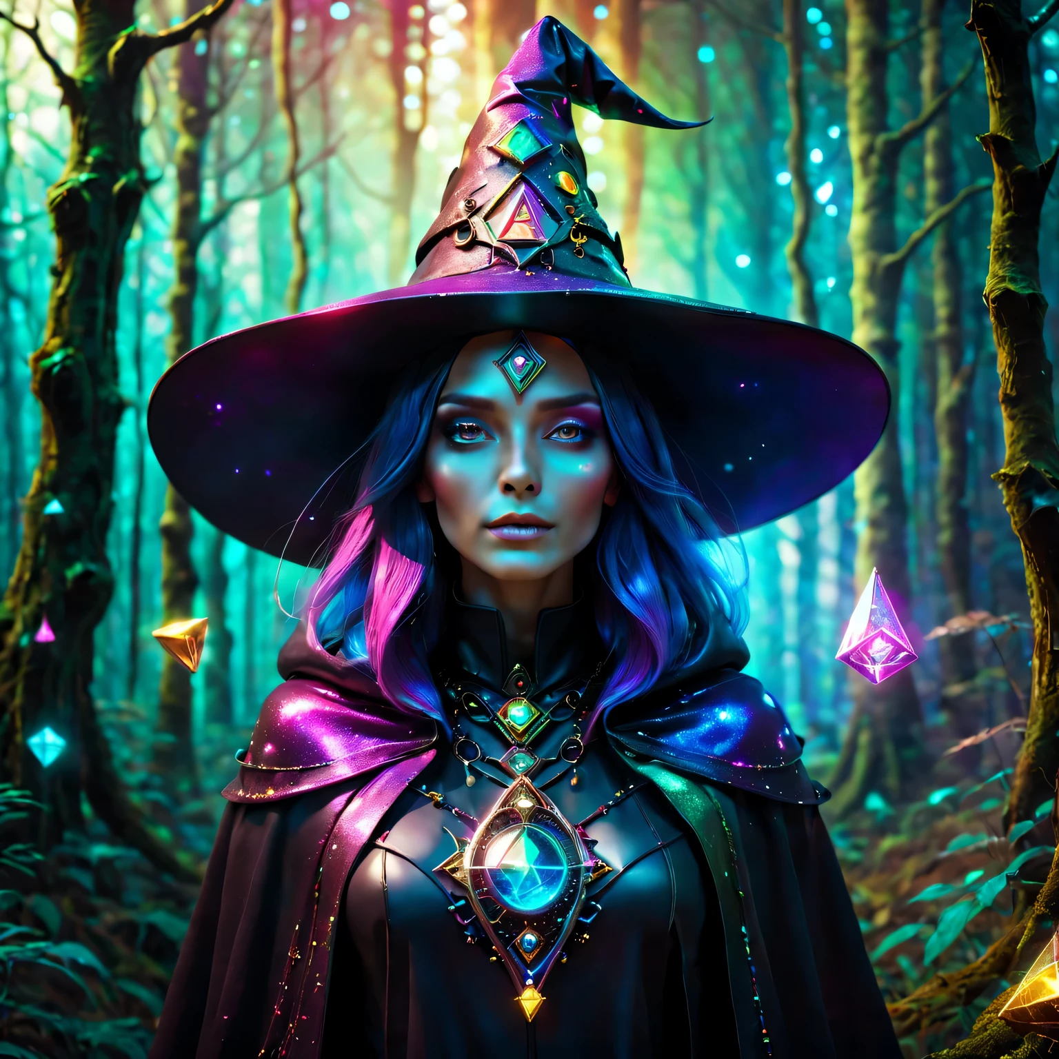 Futuristic robot witch in the enchanted forest、witch hat、cybernetic enhancement、Mechanical edge structure、cloak，upper body portrait，Create a mysterious and charming atmosphere，Glittering symbols and runes、Sparkling magic gemstones、Rainbow palette，（best quality，4K，masterpiece：1.2）、Vivid and saturated colors、Soft ambient lighting