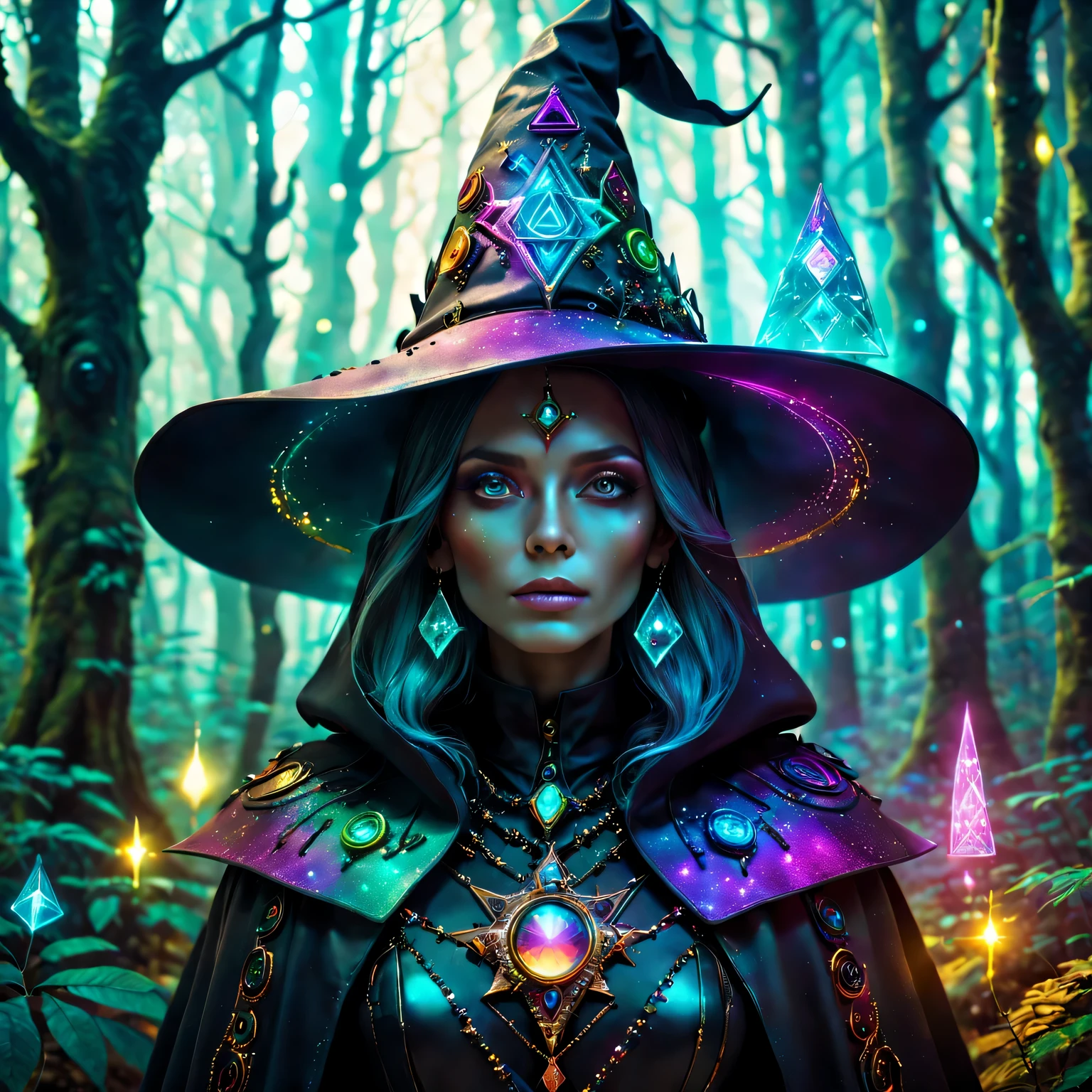 Futuristic robot witch in the enchanted forest、witch hat、cybernetic enhancement、Mechanical edge structure、cloak,upper body portrait,Create a mysterious and charming atmosphere,Glittering symbols and runes、Sparkling magic gemstones、Rainbow palette,(best quality,4K,masterpiece:1.2)、Vivid and saturated colors、Soft ambient lighting