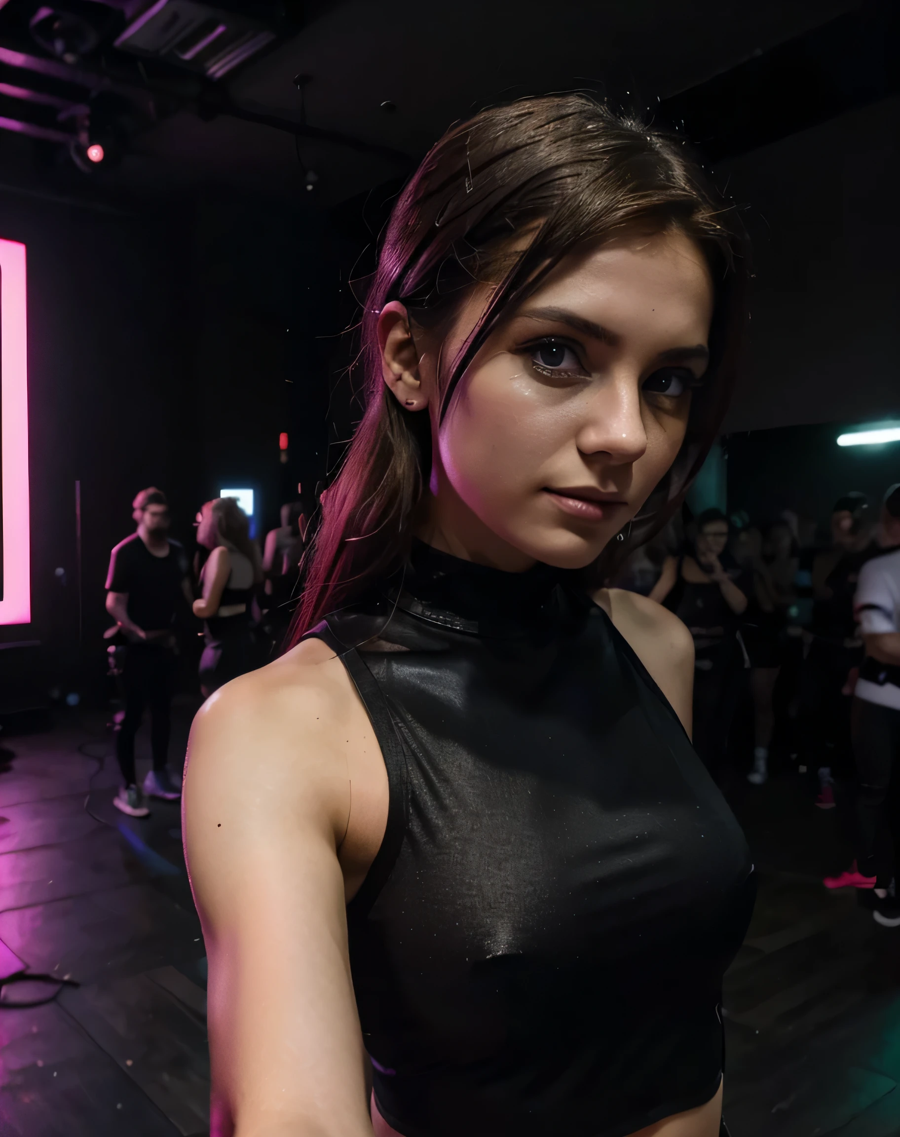 (8 Tausend, Rohfoto, highest quality), Beautiful girl, techno outfit, im club, tanzen, selfie, nahaufnahme, (Detaillierte Augen:0.8), Trotz512, (highest quality), (bester Schatten), Komplizierte Details, Innere, rote Haare:1.3