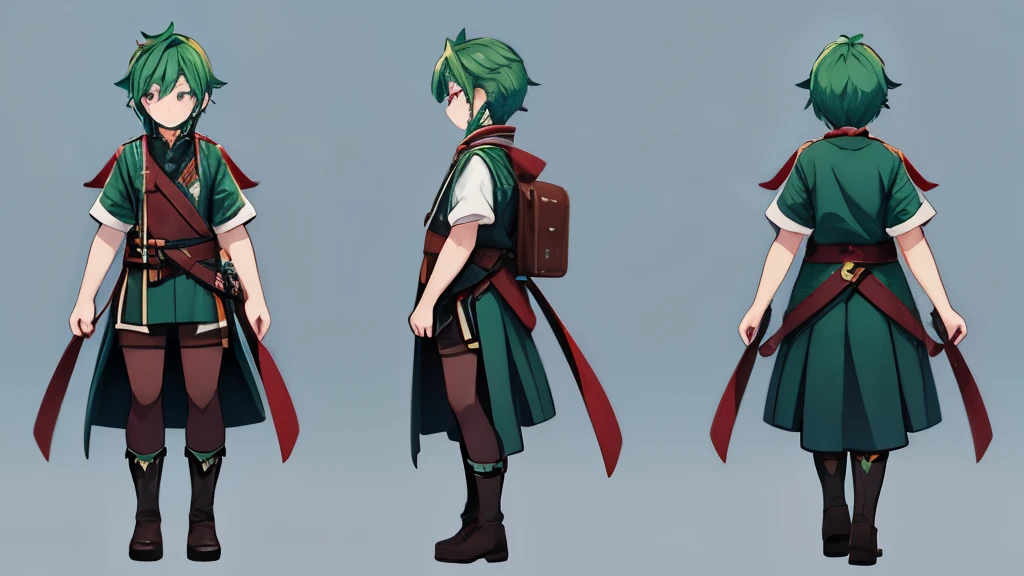 Green hair boy full body,Font view,side view,rear view