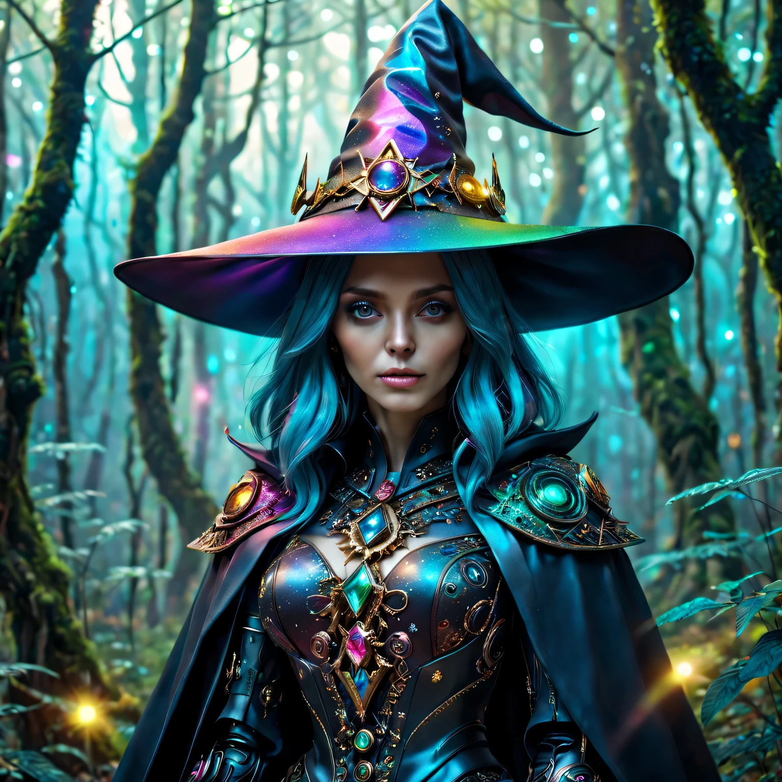 Futuristic robot witch in the enchanted forest、(witch hat)、cybernetic enhancement、(Mechanical edge structure、cloak,upper body portrait,Create a mysterious and charming atmosphere,Glittering symbols and runes、Sparkling magic gemstones、Rainbow palette,(best quality,4K,8k,masterpiece:1.2),Super detailed,(lifelike,照片lifelike,The photos are real:1.37),human development report,ultra high definition,studio lighting,Super beautiful paintings,clear focus,Physically based rendering,extremely detailed description,main,bright colors
