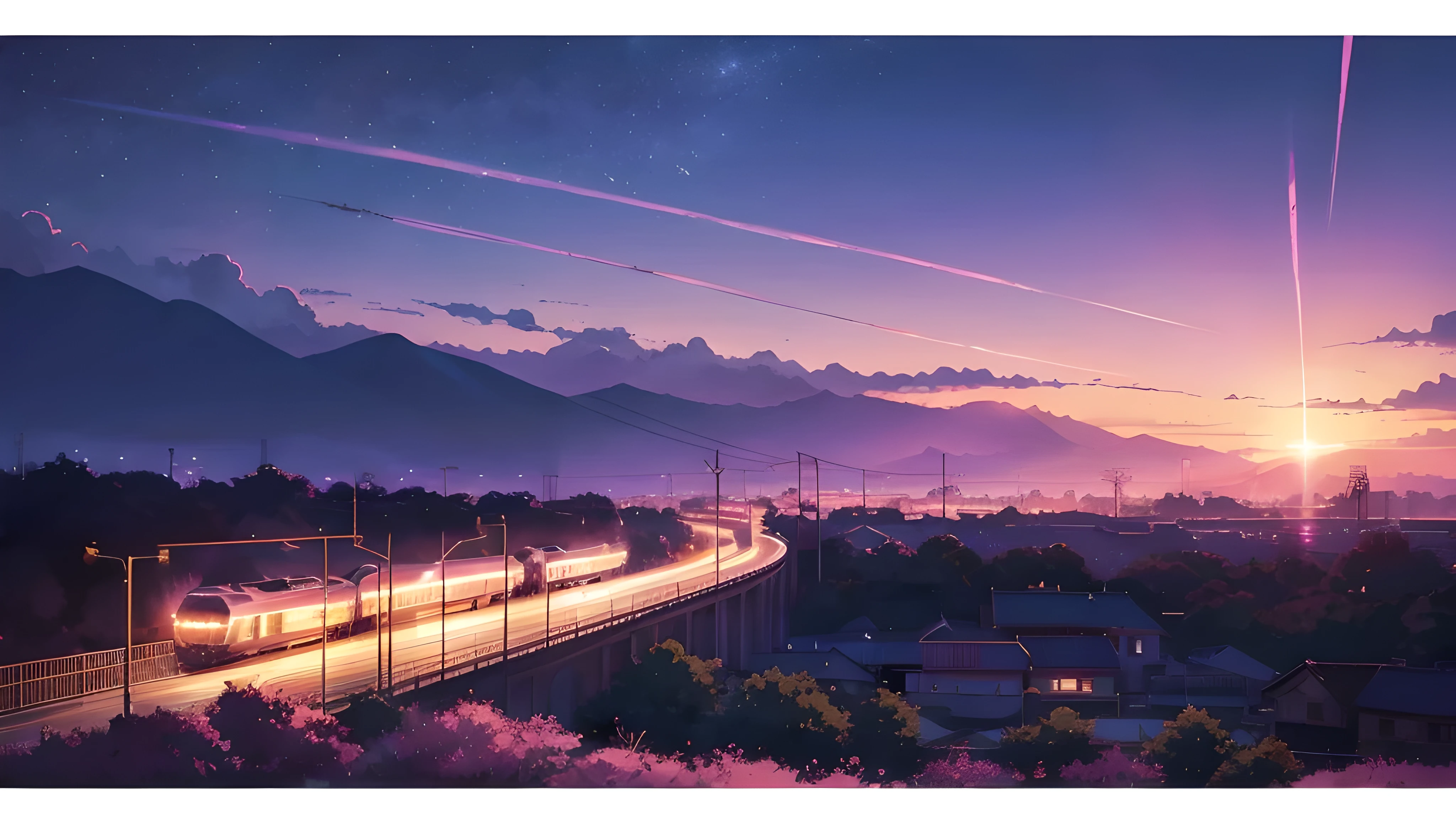 Anime scene with train passing under pink and purple sky, anime drawing by Makoto Shinkai, trending on pixiv, magic realism, beautiful anime scene, cosmic sky. by makoto shinkai, ( ( makoto shinkai ) ), by makoto shinkai, anime background art, makoto shinkai style. Detail enhancement, perfect detail processing.