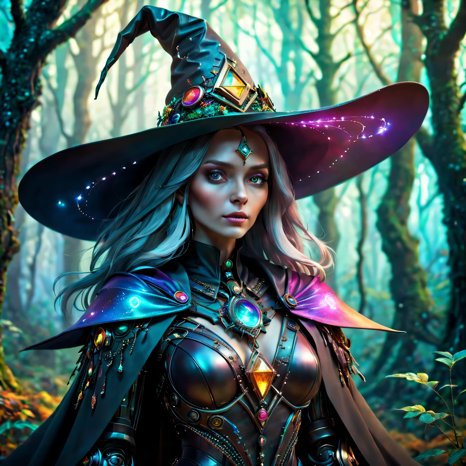 Futuristic robot witch in the enchanted forest、(witch hat)、cybernetic enhancement、(Mechanical edge structure、cloak,upper body portrait,Create a mysterious and charming atmosphere,Glittering symbols and runes、Sparkling magic gemstones、Rainbow palette,(best quality,4K,8k,masterpiece:1.2),Super detailed,(lifelike,照片lifelike,The photos are real:1.37),human development report,ultra high definition,studio lighting,Super beautiful paintings,clear focus,Physically based rendering,extremely detailed description,main,bright colors