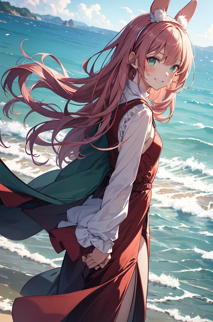 top-quality,Top image quality,in 8K,4K,masterpiece,ultra-detailliert,Beautiful、ultra-quality, best quality,high resolution, ultra-detailed,game cg,dutch angle ,beautiful detailed eyes, visualart,five fingers, perfect hands,beautiful girl,BREAK,10歳くらいの童顔beautiful girl,(Child's body shape),(flat chest),long pink wavy hair, half twin tail,emerald green eyes,(Rabbit ear hair bands),(Red Bunny Girl Suit;1.5),swimsuit,grinning face, grin,beach,(look back),(hair blowing in the wind:1.5),(spread arms:1.1)