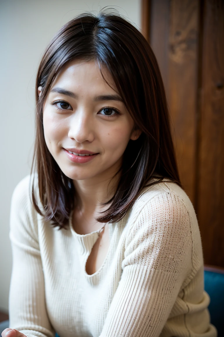 1 Japan, beautiful mature lady, (8K, RAW photogr, best qualtiy, tmasterpiece:1.2), (current, Realistically:1.37), very detailed installation , ((very detailed installation :1.1)), A smile、fullbodyshot,sweater、