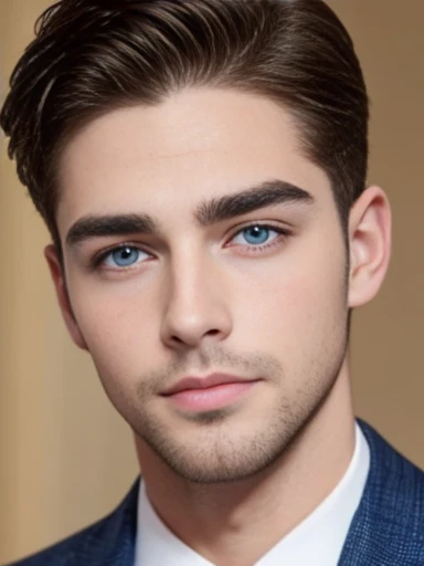 Handsome boy, brunet, pale skin, thick brows, suits, wealthy, fit, blue eyes, 25 years old, facial hair, groom, happy,