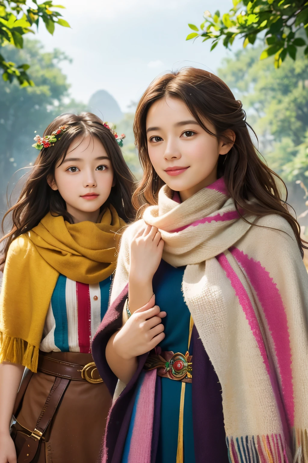2girls, curious, fearless, smiling, wavy brown hair, dressed in colorful clothes and a magical scarf, next to the old fairy queen,masterpiece, top-quality,raw photograph, top-quality, Official Art ,the Extremely Detailed CG Unity 8K Wallpapers,