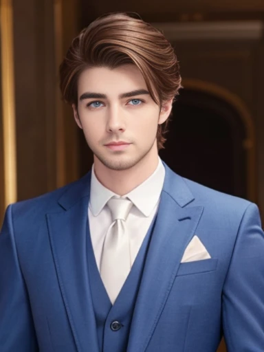 Handsome boy, brunet, pale skin, thick brows, suits, wealthy, fit, blue eyes, 25 years old, facial hair, groom, happy,