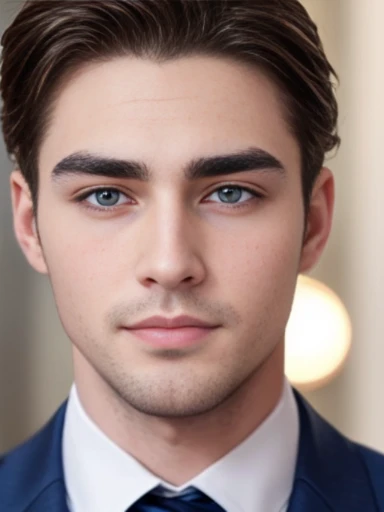 Handsome boy, brunet, pale skin, thick brows, suits, wealthy, fit, blue eyes, 25 years old, facial hair, groom, happy,
