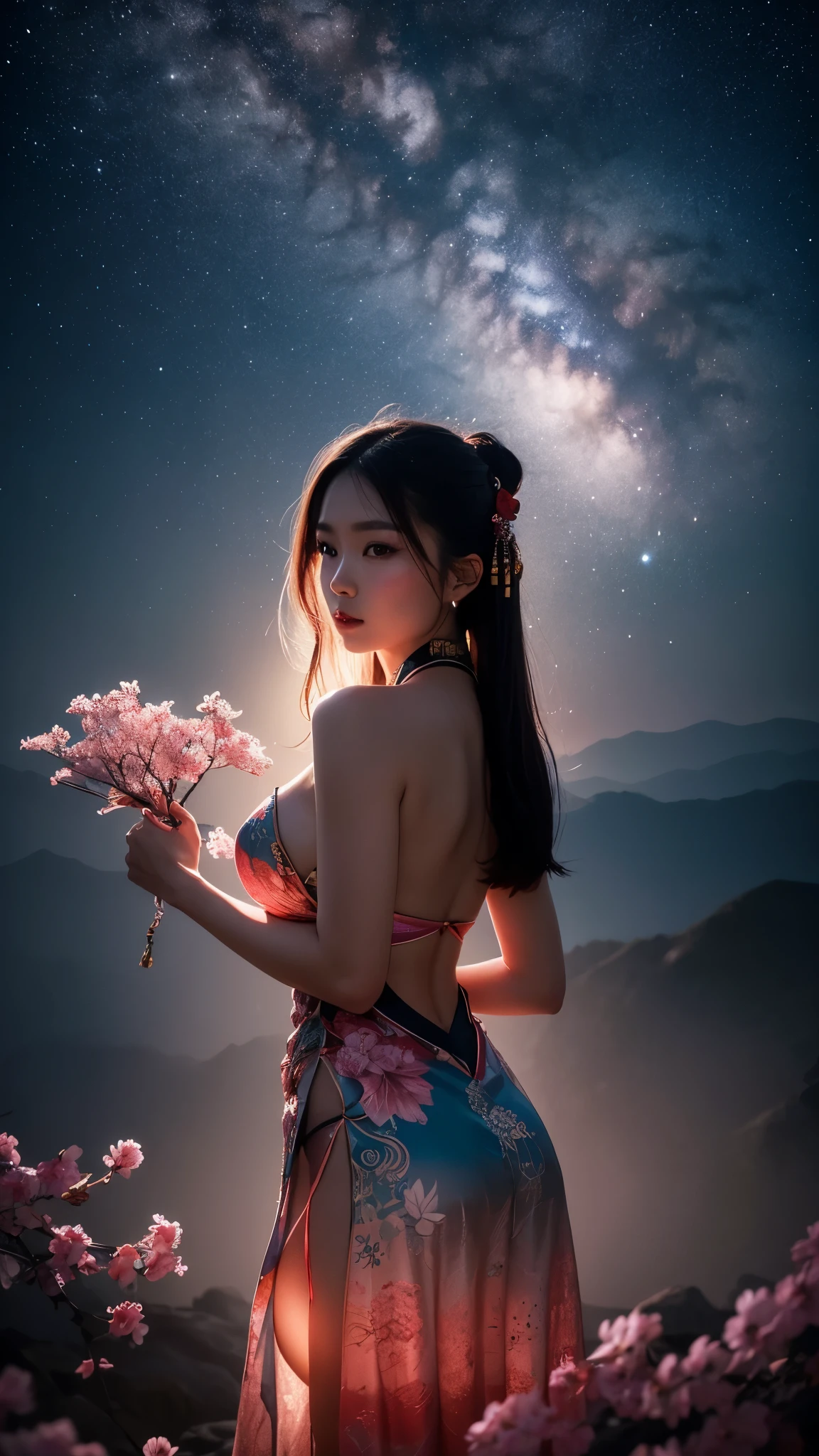 (Ultra Long Exposure Photography) High quality, highly detailed, colorful silhouette of an Chinese beautiful woman, adorned with vibrant hues, captivating contours. In the background, there are variable elements like a celestial sakura, leafs, runes, and more. with meticulous attention to detail