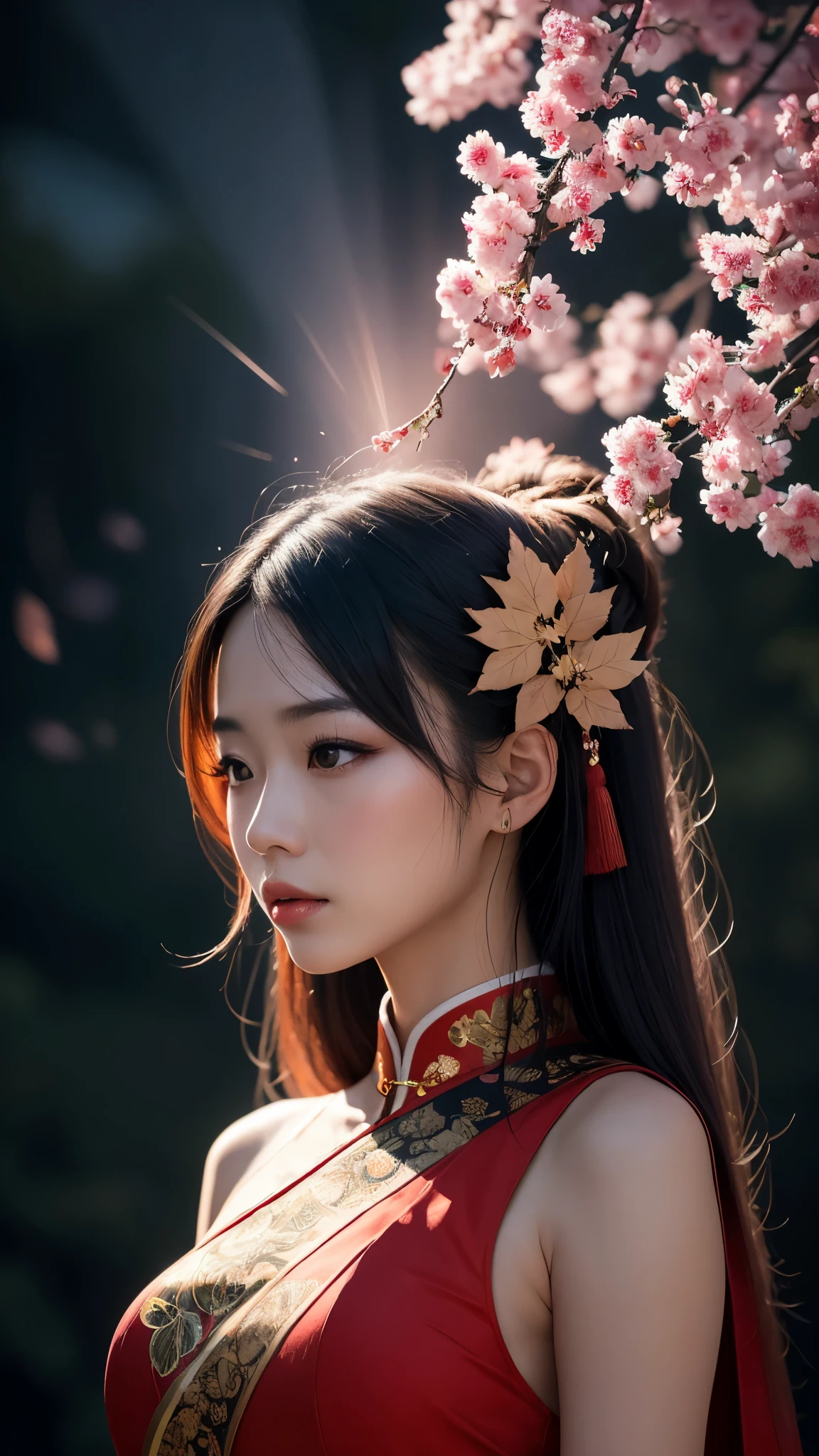 (Ultra Long Exposure Photography) High quality, highly detailed, colorful silhouette of an Chinese beautiful woman, adorned with vibrant hues, captivating contours. In the background, there are variable elements like a celestial sakura, leafs, runes, and more. with meticulous attention to detail