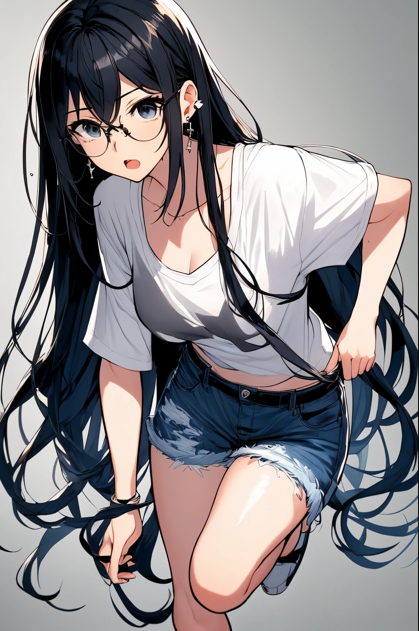 running, sweating, sweat is scattering, Being chased, Surprised look, full body portrait of character, whole body from the top of the head to the heels, Standing in honor, Stand up straight, Borderless glasses, long black hair to the waist, blue jeans shorts, white t-shirt, Huge &#39;0&#39; shaped earring in right ear, Huge &#39;1&#39; shaped earring in left ear, anime moe art style, Ilya Kubshinov with long hair, Anime full body illustration, Smooth anime CG art, anime female characters, long wavy black hair and glasses, Cute girl anime visual, realistic young anime girl, official character art, 