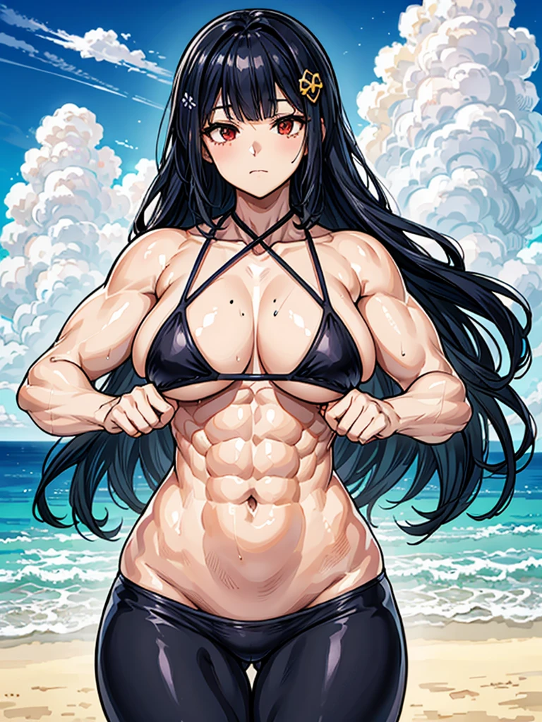 （（（masterpiece、Highest image quality、highest quality、highly detailed unity 8ｋwallpaper）））、（（Illustration of one girl））、（（（beautiful girl）））、（（black hair、Very Longhair、straight：1.2、golden hair ornament、red eyes））、（tall、stocky build, thickset physique, muscular legs, broad shoulders, solid chest）、swimsuit、sandy beach