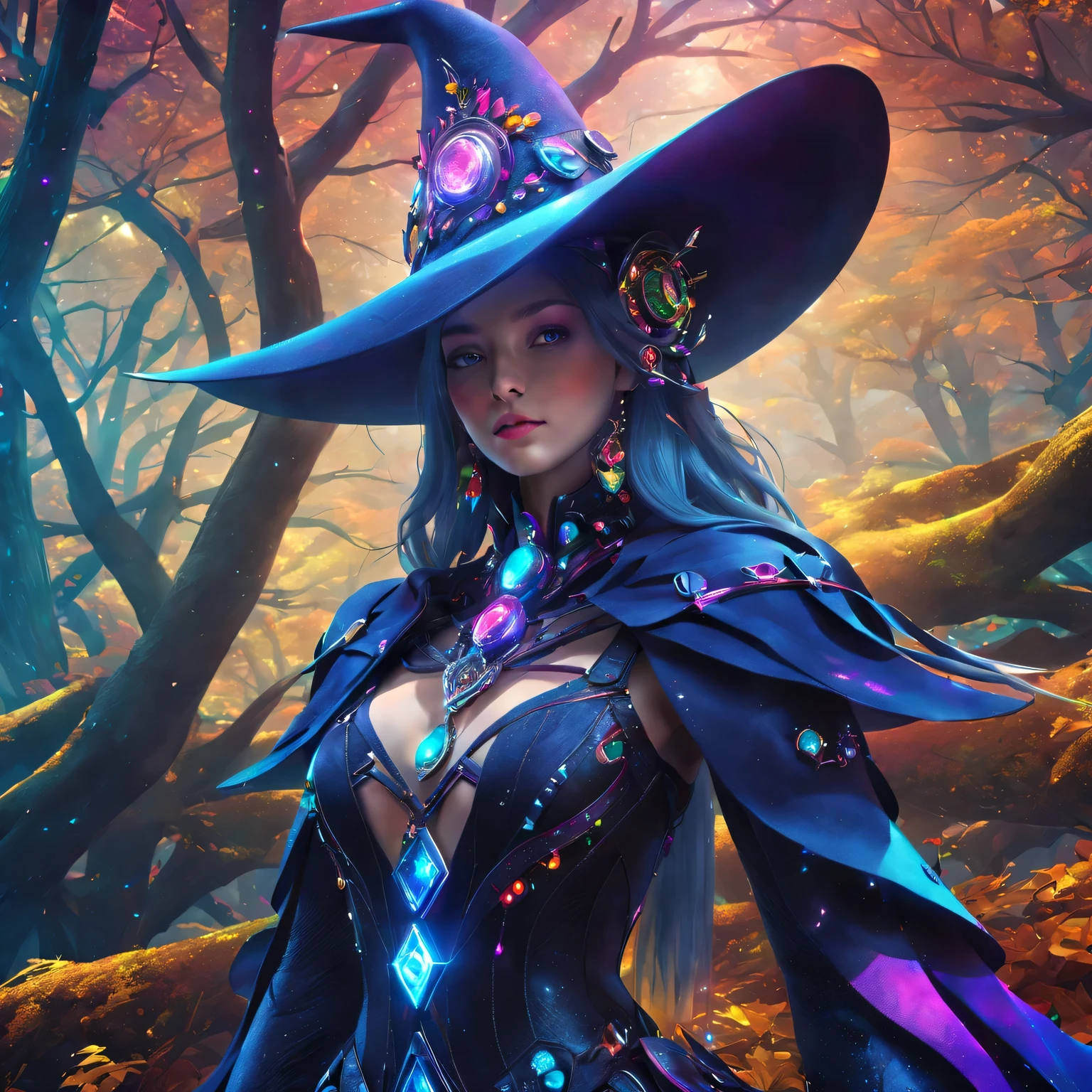 Futuristic robot witch in the enchanted forest、(witch hat)、cybernetic enhancement、(Mechanical edge structure、cloak，upper body portrait，Create a mysterious and charming atmosphere，Glittering symbols and runes、Sparkling magic gemstones、Rainbow palette，（best quality，4K，8k，masterpiece：1.2），Super detailed，（lifelike，照片lifelike，The photos are real：1.37），human development report，ultra high definition，studio lighting，Super beautiful paintings，clear focus，Physically based rendering，extremely detailed description，main，bright colors