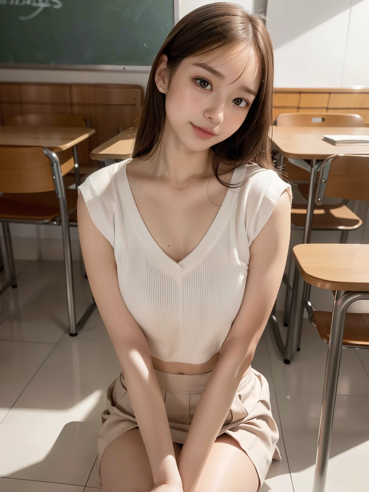 (nude, mini-skirt, thigh: 1.4), Small breasts, flat chest, (Sitting, spread legs: 1.2), ((of the highest quality, 8K, masutepiece: 1.3, Raw photo)), Sharp Focus: 1.2, (1 AESPA Girl :1.1), (Solo: 1.12), (Realistic, Photorealistic: 1.37), (Face Focus: 1.1), Cute face, hyperdetailed face, Short messy hair, updo, classroom, flower, books
