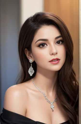 Lebanese woman, diamond dangling earrings, necklace, bracelets, small breasts, 40 years old, smokey eyes, cleavages, red lips, innocent face, purple fashion strapless ball gown, stylish hairstyle, posing, modeling, off-shoulder
