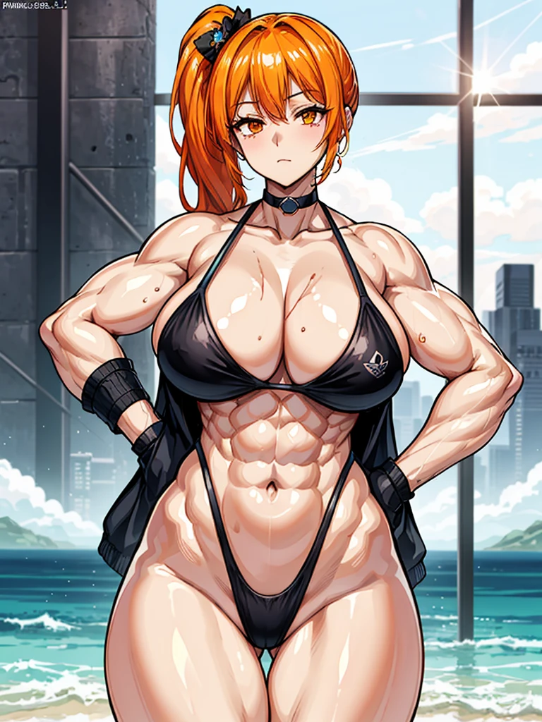 （（（masterpiece、Highest image quality、highest quality、highly detailed unity 8ｋwallpaper）））、（（Illustration of one girl））、（（（beautiful girl）））、（（orange hair、side ponytail、sidelocks：1.2、orange eyes））、（（（（body full of big scars）））、（（stocky build, thickset physique：1.3, muscular legs, broad shoulders, solid chest）））、swimsuit、sandy beach