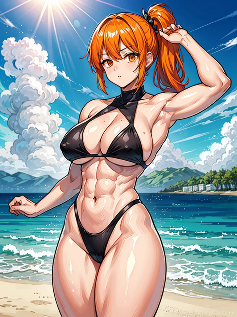 （（（masterpiece、Highest image quality、highest quality、highly detailed unity 8ｋwallpaper）））、（（Illustration of one girl））、（（（beautiful girl）））、（（orange hair、side ponytail、sidelocks：1.2、orange eyes））、（（（（body full of big scars）））、（（stocky build, thickset physique：1.3, muscular legs, broad shoulders, solid chest）））、swimsuit、sandy beach