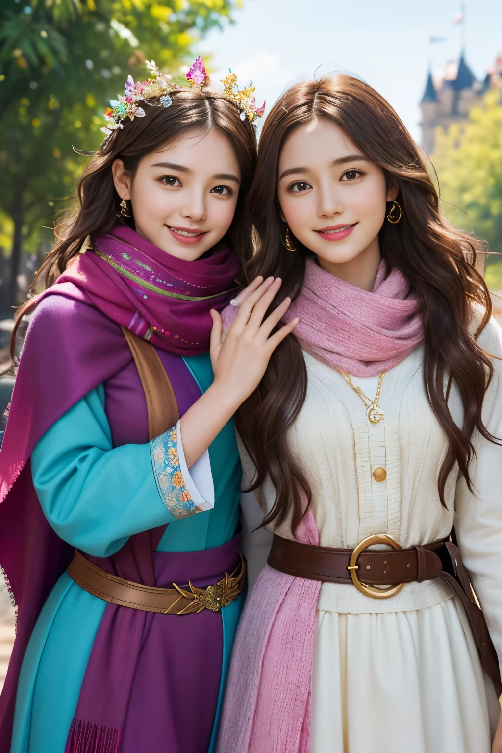 2girls, curious, fearless, smiling, wavy brown hair, dressed in colorful clothes and a magical scarf, next to the old fairy queen,​masterpiece, top-quality,raw photograph, top-quality, Official Art ,the Extremely Detailed CG Unity 8K Wallpapers, 