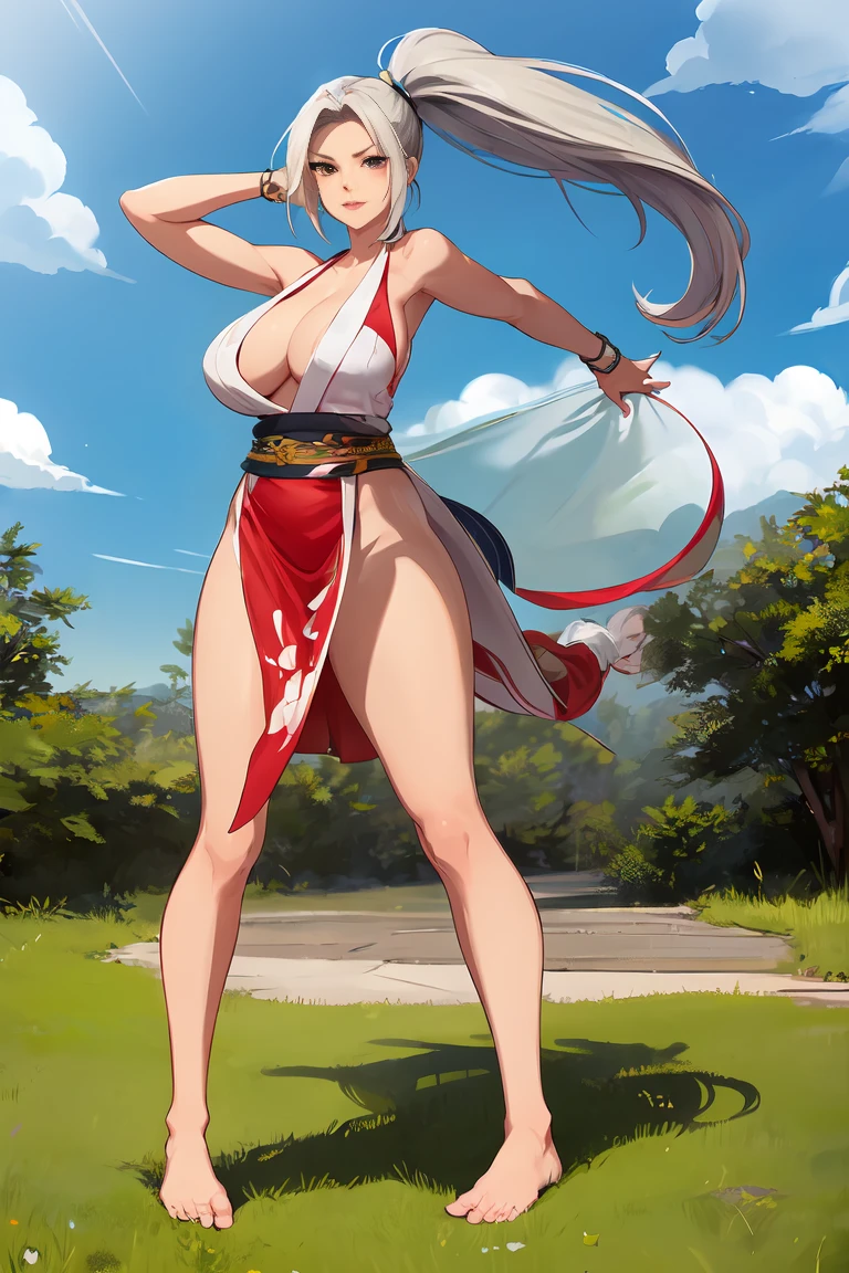 thong，huge，huge，high ponytail，stand，Spread your legai Shiranui，delicate face，barefoot，Red split skirt