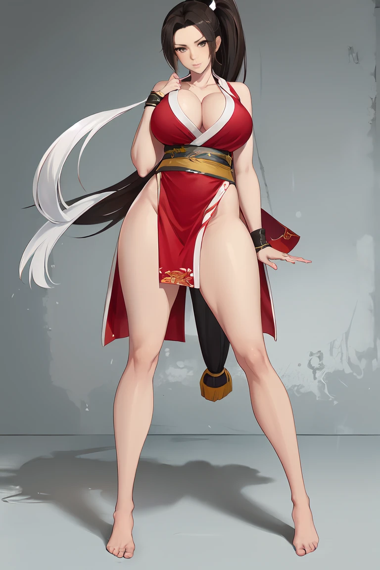 thong，huge，huge，high ponytail，stand，Spread your legai Shiranui，delicate face，barefoot，Red split skirt