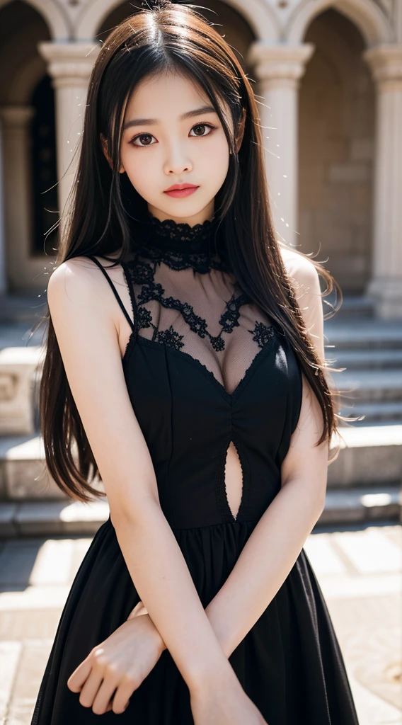 (best quality)，8K，a high resolution，masterpiece，lifelike，ultra high definition，1 innocent and cute little girl，15 years old，(Gothic architectural background)，(black华丽洛丽塔)，black，(Exquisite makeup)，thin very long legs，(small breasts:1.2), long hair，long eyelashes，double eyelidackground bokeh，soft light，solo，look at the audience，Hate