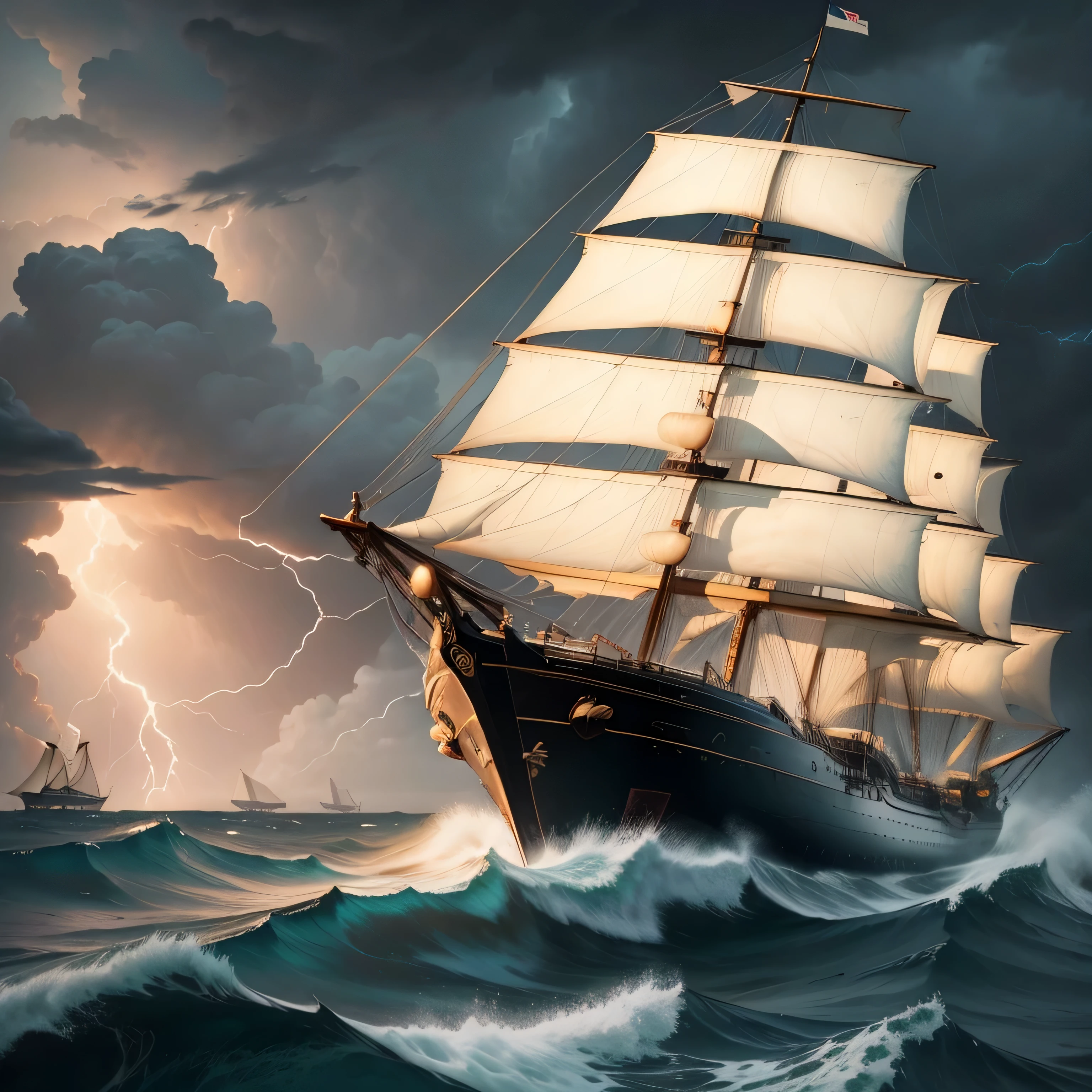 sailors on the deck of a three-masted sailing ship observe an approaching storm. stormy sky, lightning, very rough waters.