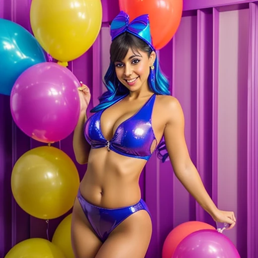 Pretty girl partying with new year balloons. Muchos globos  pista de baile 1000 globos de latex