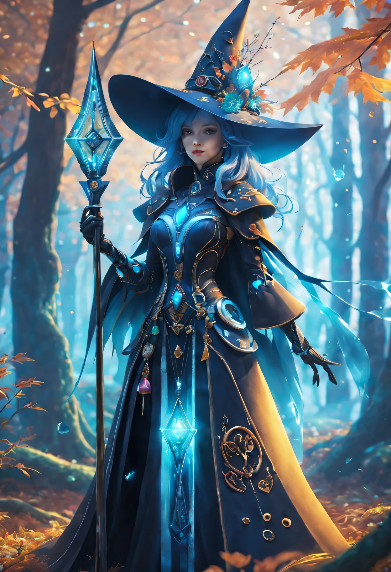 Futuristic robot witch in the enchanted forest、(witch hat)、cybernetic enhancement、(Mechanical edge structure、cloak,Create a mysterious and charming atmosphere,Glittering symbols and runes、Sparkling magic gemstones、(sparkling magic wand)、mist、strong color palette,(best quality,4K,8k,masterpiece:1.2),Super detailed,(lifelike,照片lifelike,The photos are real:1.37),human development report,ultra high definition,studio lighting,Super beautiful paintings,clear focus,Physically based rendering,extremely detailed description,main,bright colors