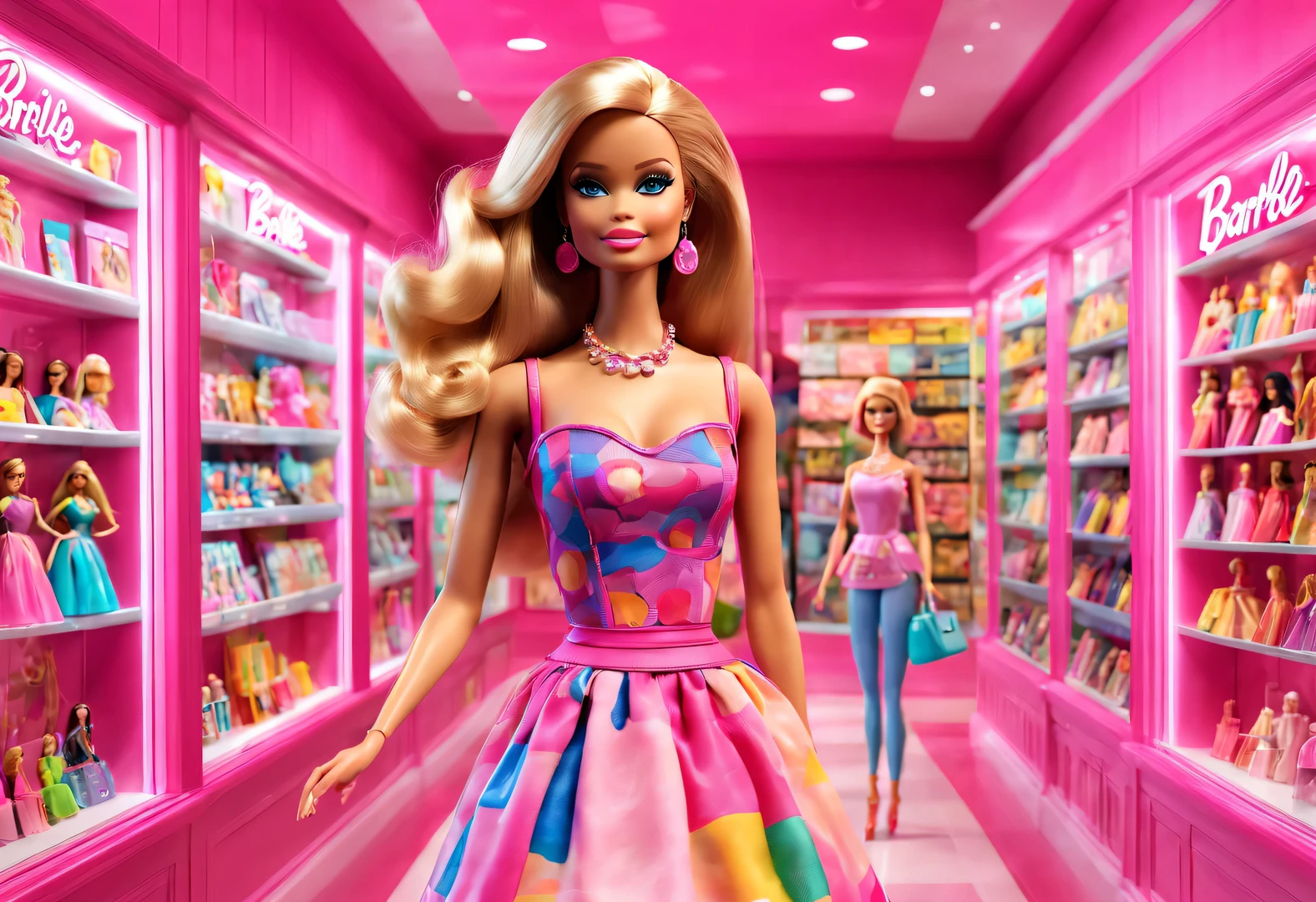 Barbie doll toy store window display in cyberpunk style glass display cabinet on street corner of futuristic city with fish eye effect），蒸汽赛博朋克style，European classic red、pink、蓝色和金ackground为background，Extraordinarily beautiful and clear face，big eyes，small music box toy，jewelry toys，Vintage engraved shelf with many toys pattern，Showcasing various Barbie Princess collections，Each doll  dressed in gorgeous and exquisite clothes，配上精美的珠宝和shoe，barbie accessories，Various clothing、shoe、Jewelry etc.，background：Large glass display cabinet，With 3D rendering、style、photography，