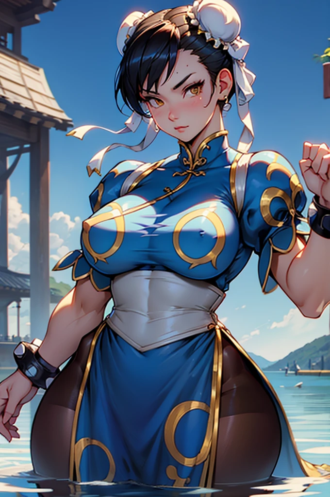 1chun li girl, black hair, yellow eyes, very long hair, pale skin, curvy, (extremely muscular), perky breasts, frozen lake