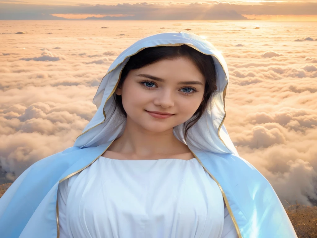 a woman dressed in a white dress and blue cape, majestic holy woman, Virgin Mary, queen of heaven, she arriving to heaven, holy and beautiful, she approaching heaven, beautiful goddess, goddess of clouds, wonderful, beautiful maiden, clear eyes , sweet face, sweet smile