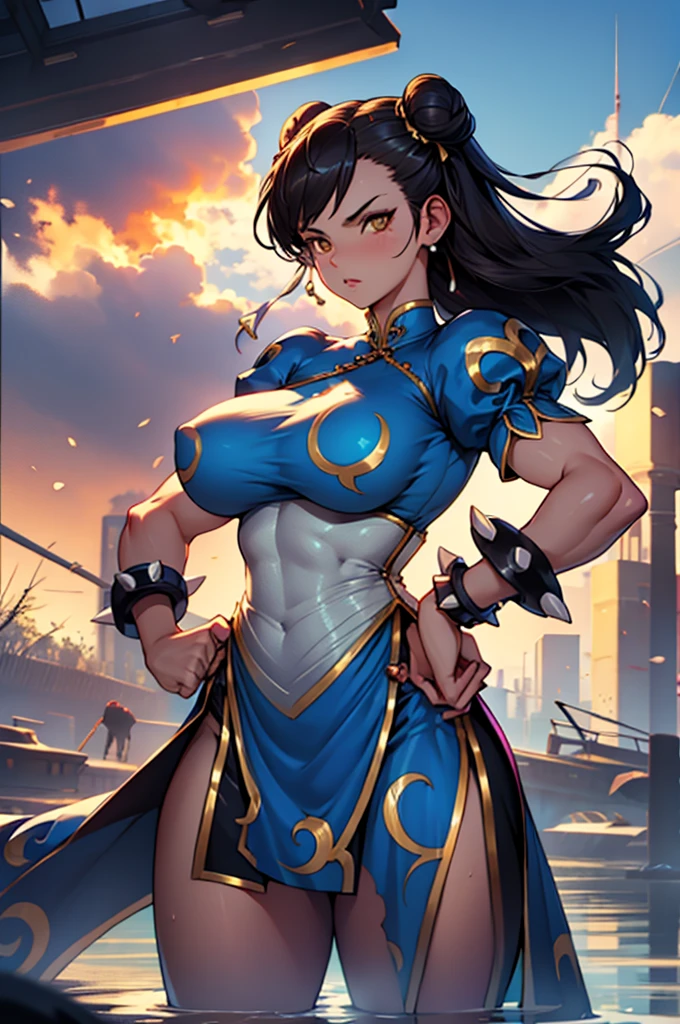 1chun li girl, black hair, yellow eyes, very long hair, pale skin, curvy, (extremely muscular), perky breasts, frozen lake