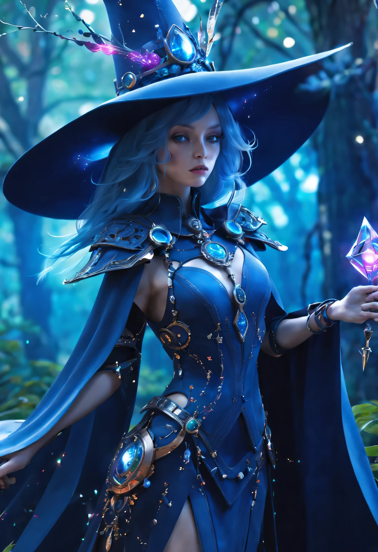 Futuristic robot witch in the enchanted forest、(witch hat)、cybernetic enhancement、(Mechanical edge structure、cloak,upper body portrait,Create a mysterious and charming atmosphere,Glittering symbols and runes、Sparkling magic gemstones、(sparkling magic wand)、mist、strong color palette,(best quality,4K,8k,masterpiece:1.2),Super detailed,(lifelike,照片lifelike,The photos are real:1.37),human development report,ultra high definition,studio lighting,Super beautiful paintings,clear focus,Physically based rendering,extremely detailed description,main,bright colors