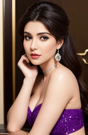 Lebanese woman, diamond dangling earrings, necklace, bracelets, small breasts, 40 years old, smokey eyes, cleavages, red lips, innocent face, purple fashion strapless ball gown, stylish hairstyle, posing, modeling, off-shoulder