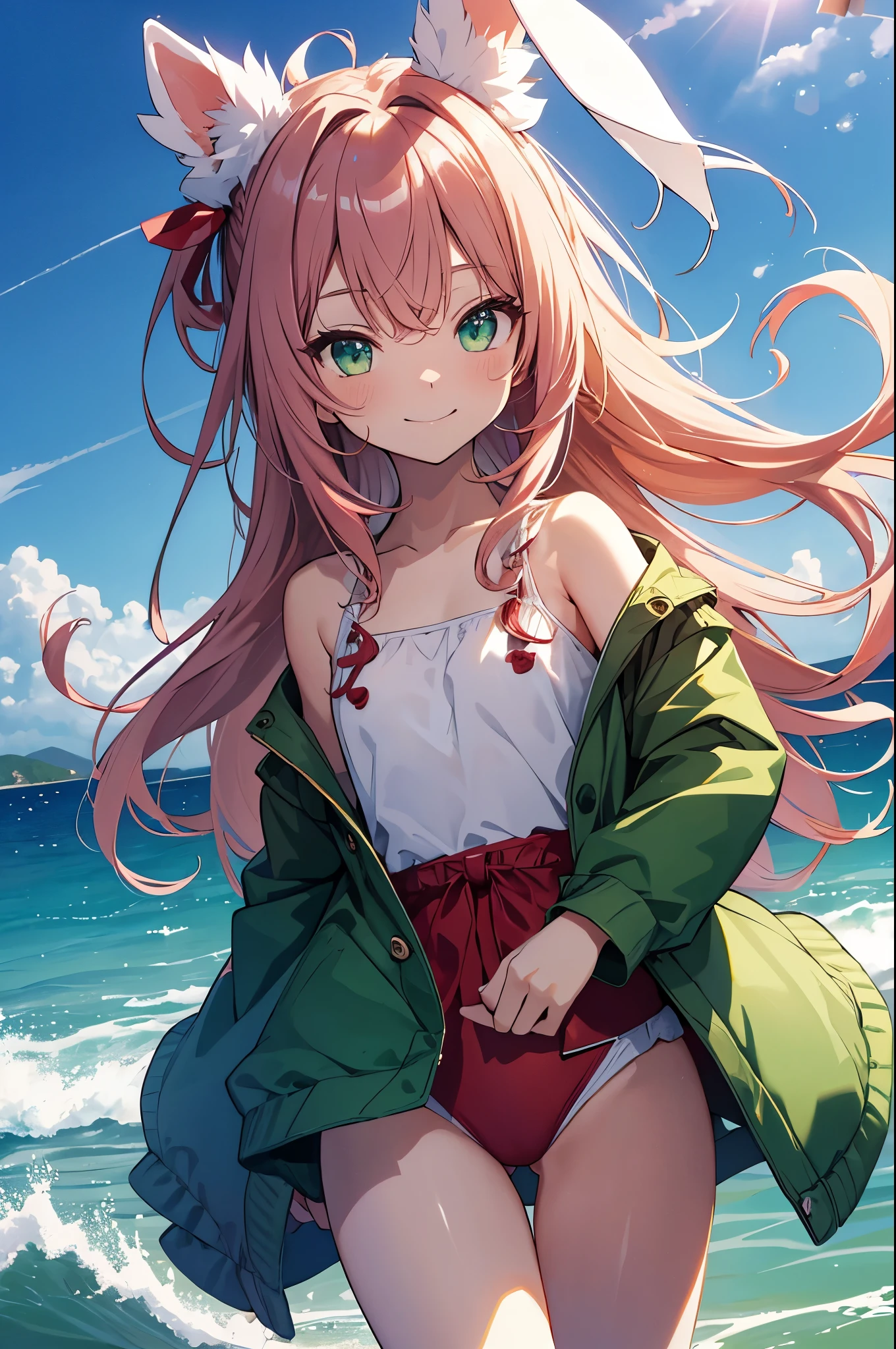 top-quality,Top image quality,in 8K,4K,masterpiece,ultra-detailliert,Beautiful、ultra-quality, best quality,high resolution, ultra-detailed,game cg,dutch angle ,beautiful detailed eyes, visualart,five fingers, perfect hands,beautiful girl,BREAK,10歳くらいの童顔beautiful girl,(Child's body shape),(flat chest),long pink wavy hair, half twin tail,emerald green eyes,(Rabbit ear hair bands),(Red Bunny Girl Suit;1.5),swimsuit,grinning face, grin,beach,(dash on water),(hair blowing in the wind:1.5),