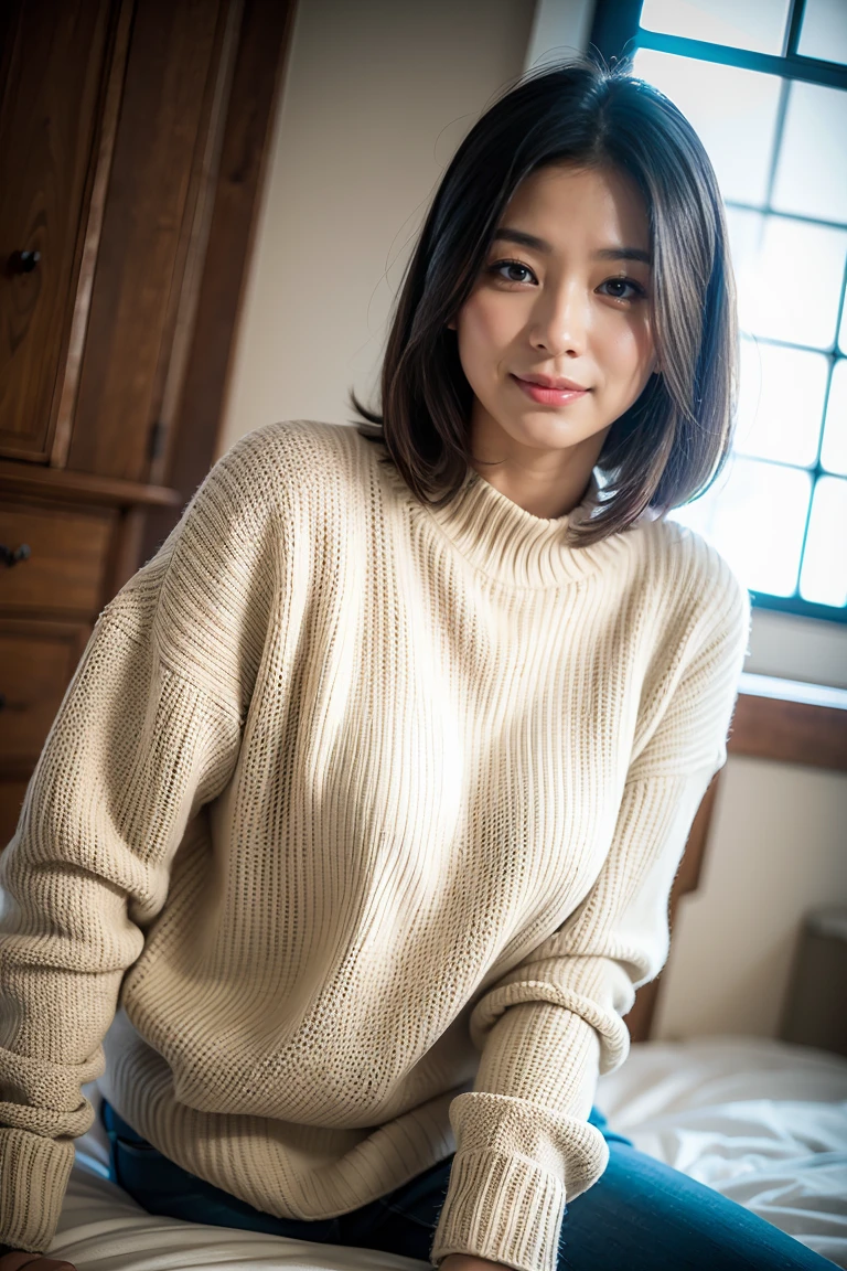 1 Japan, beautiful mature lady, (8K, RAW photogr, best qualtiy, tmasterpiece:1.2), (current, Realistically:1.37), very detailed installation , ((very detailed installation :1.1)), A smile、fullbodyshot,sweater、
